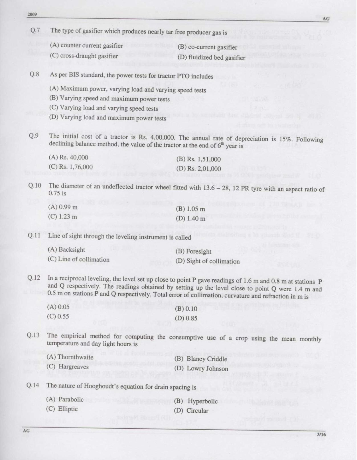 GATE 2009 Agricultural Engineering (AG) Question Paper with Answer Key - Page 3