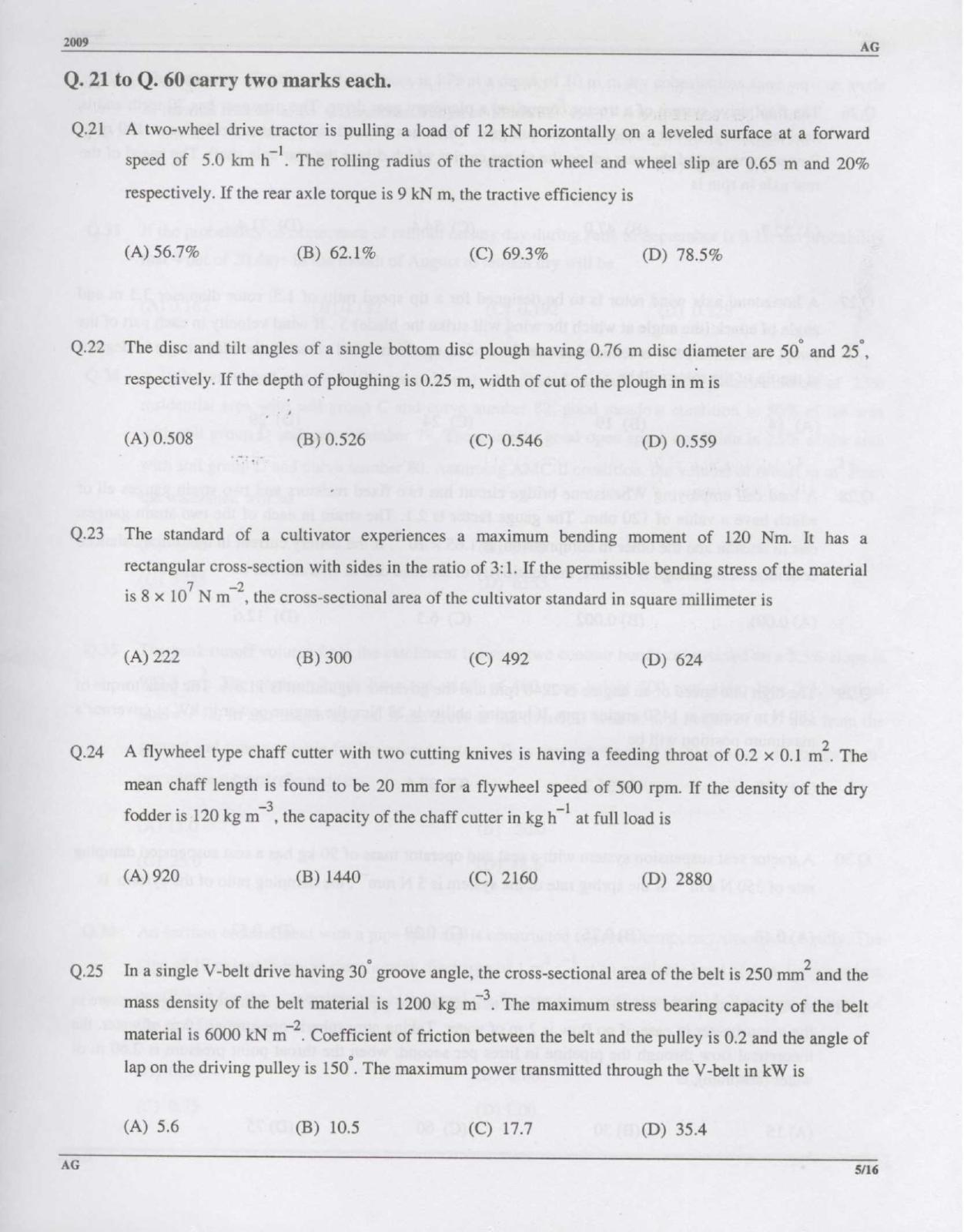 GATE 2009 Agricultural Engineering (AG) Question Paper with Answer Key - Page 5