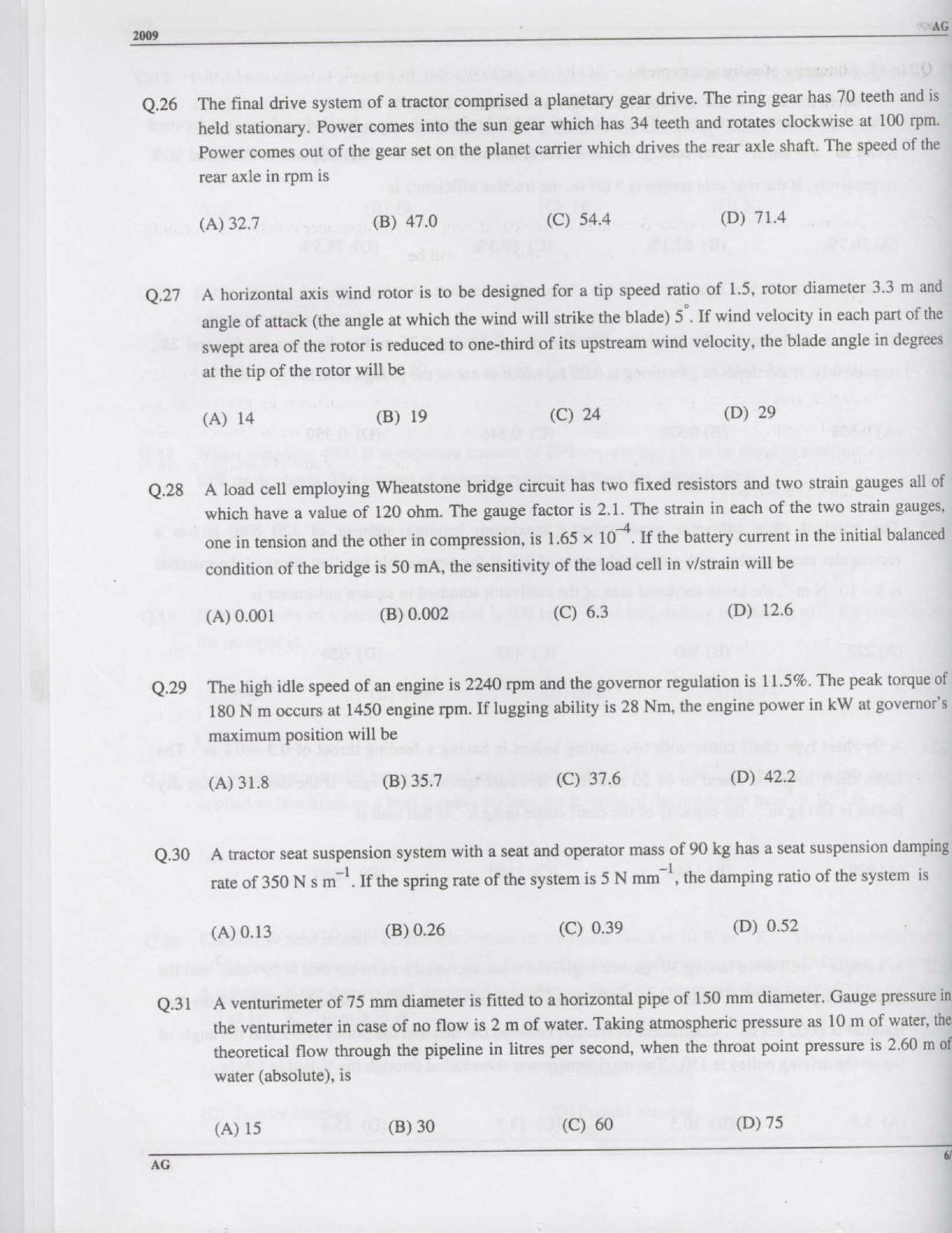 GATE 2009 Agricultural Engineering (AG) Question Paper with Answer Key - Page 6