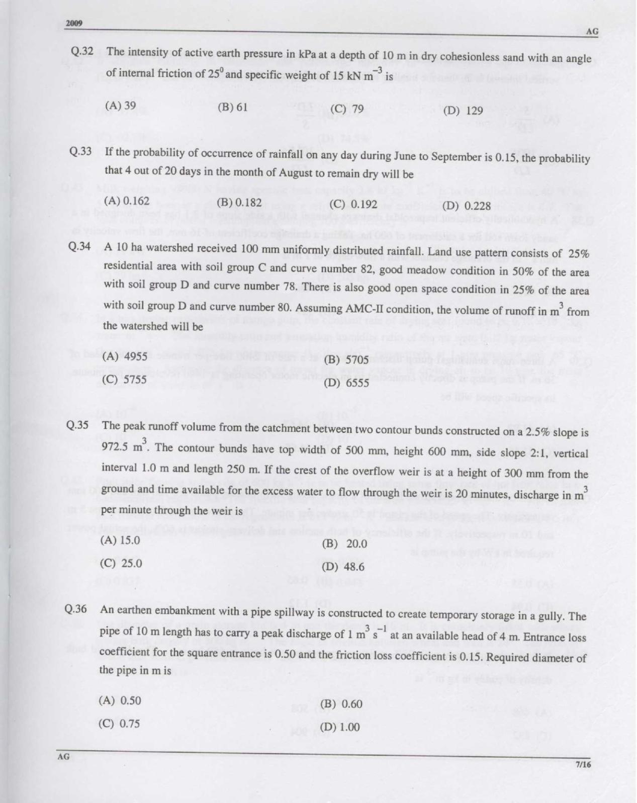 GATE 2009 Agricultural Engineering (AG) Question Paper with Answer Key - Page 8
