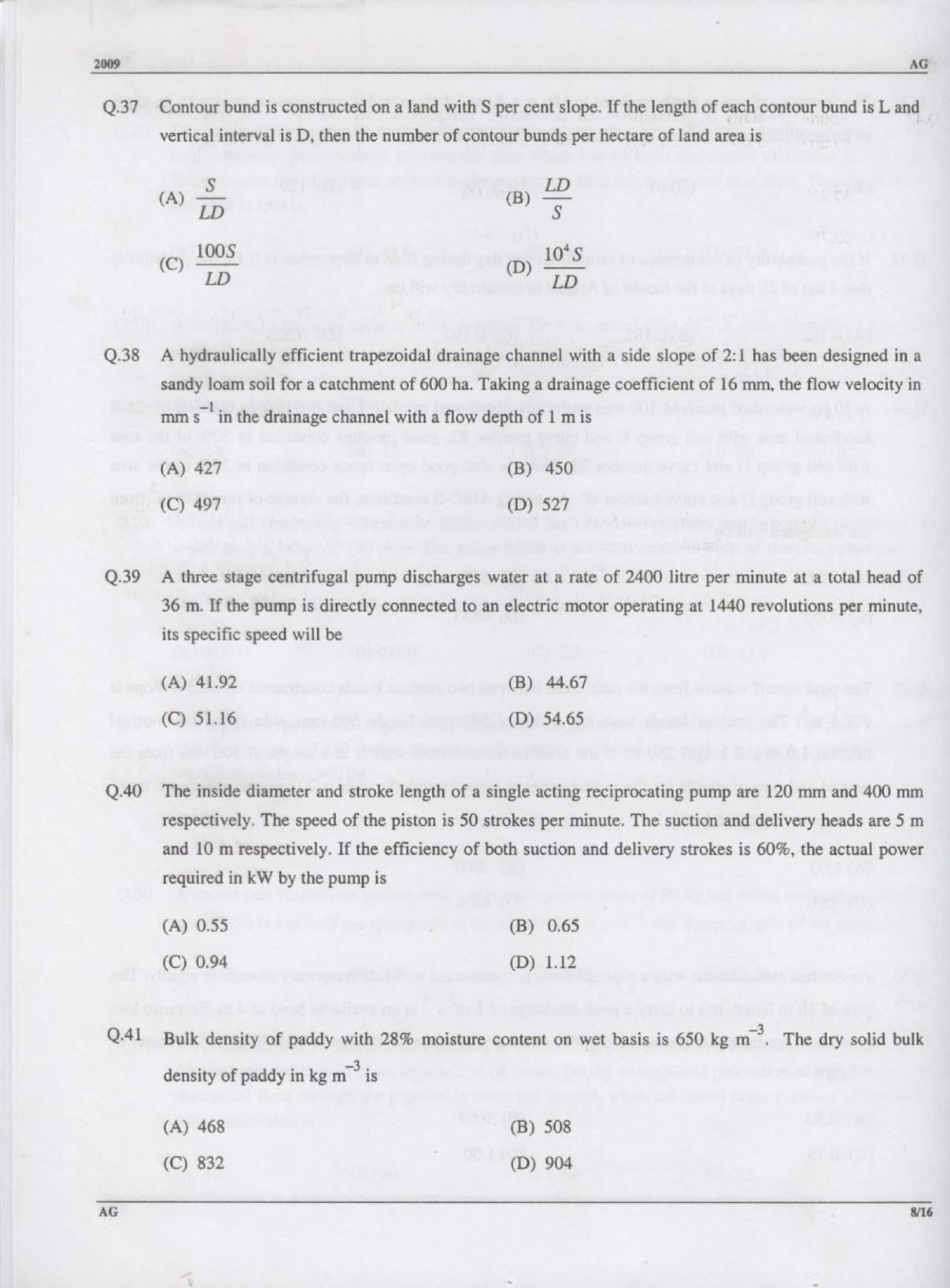 GATE 2009 Agricultural Engineering (AG) Question Paper with Answer Key - Page 9