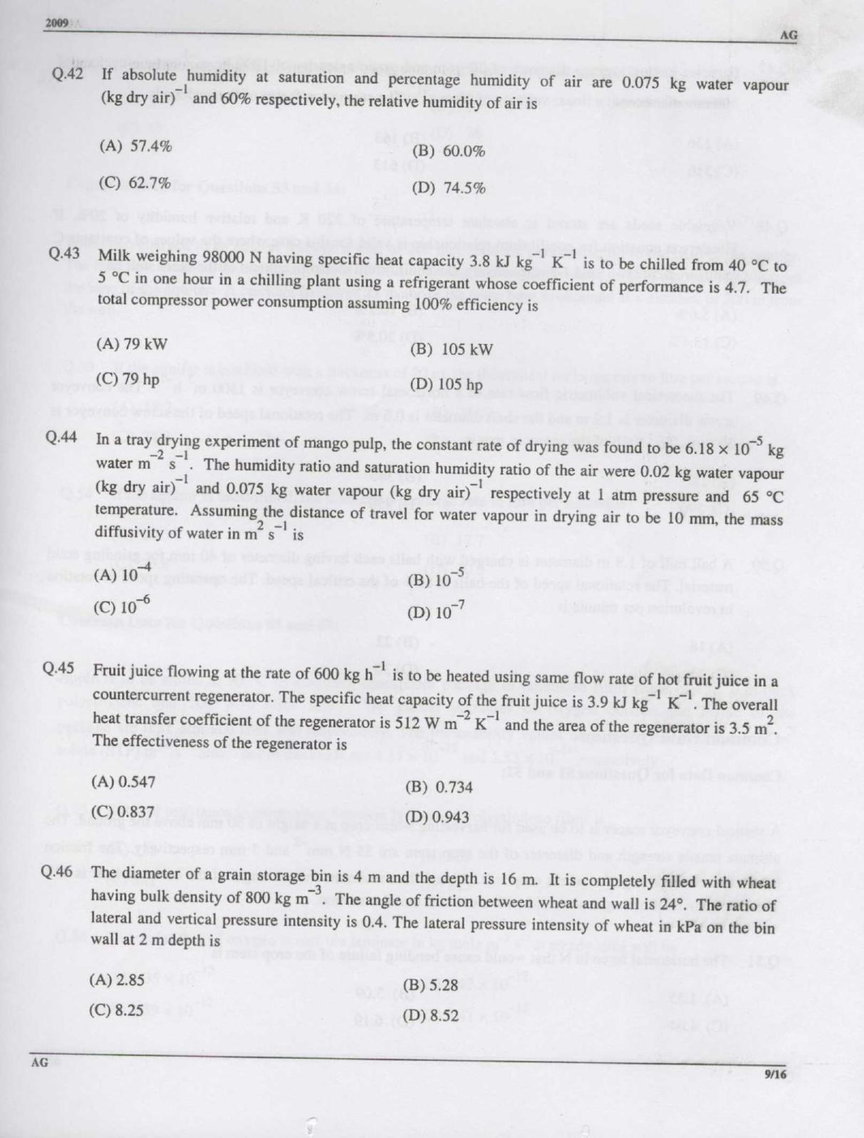 GATE 2009 Agricultural Engineering (AG) Question Paper with Answer Key - Page 10