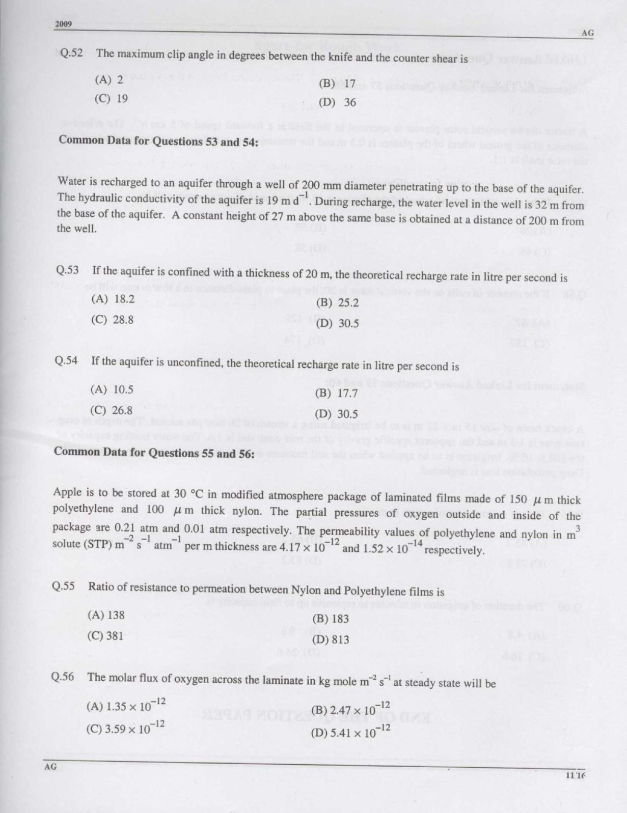 GATE 2009 Agricultural Engineering (AG) Question Paper with Answer Key - Page 12