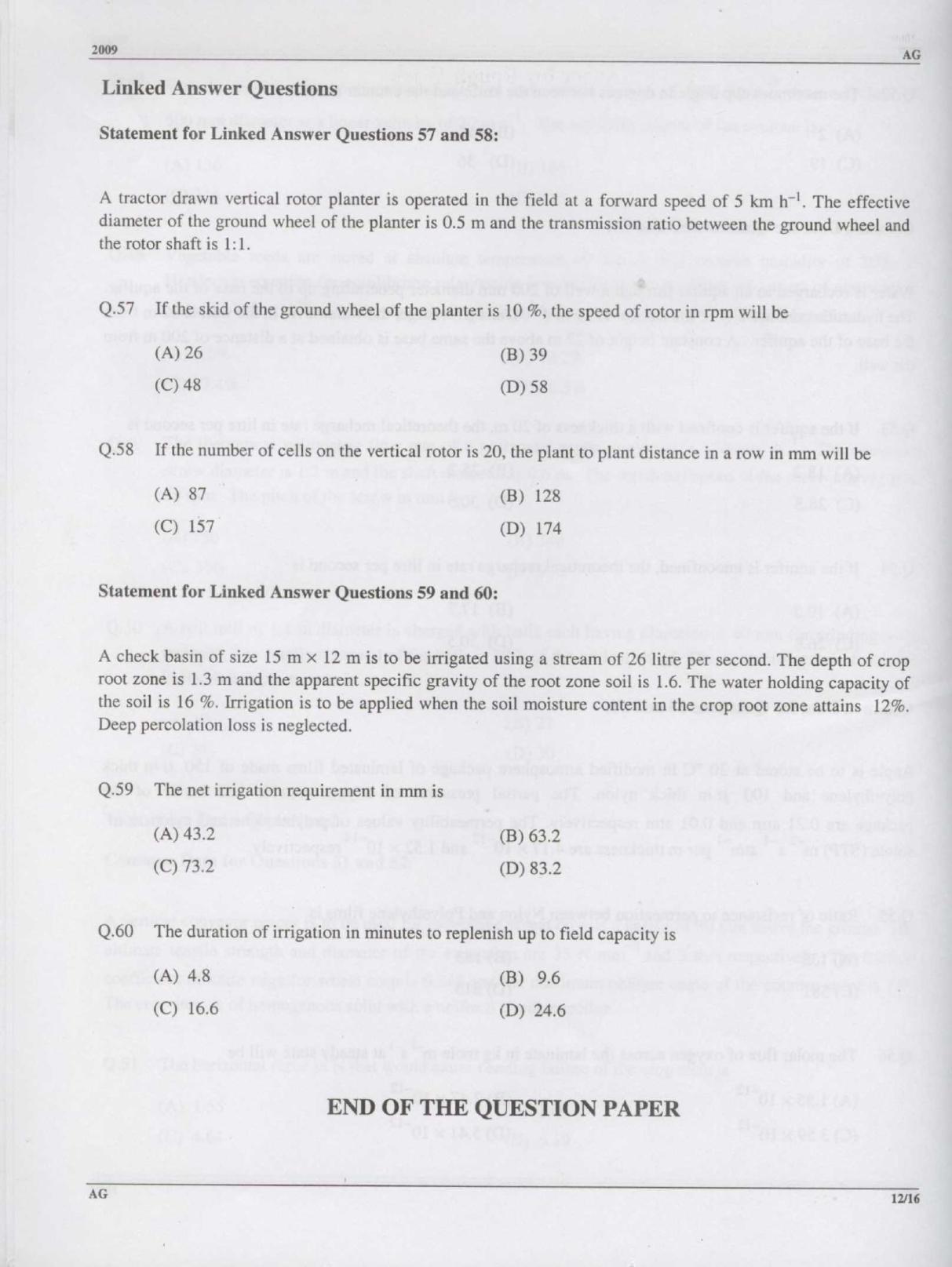 GATE 2009 Agricultural Engineering (AG) Question Paper with Answer Key - Page 13