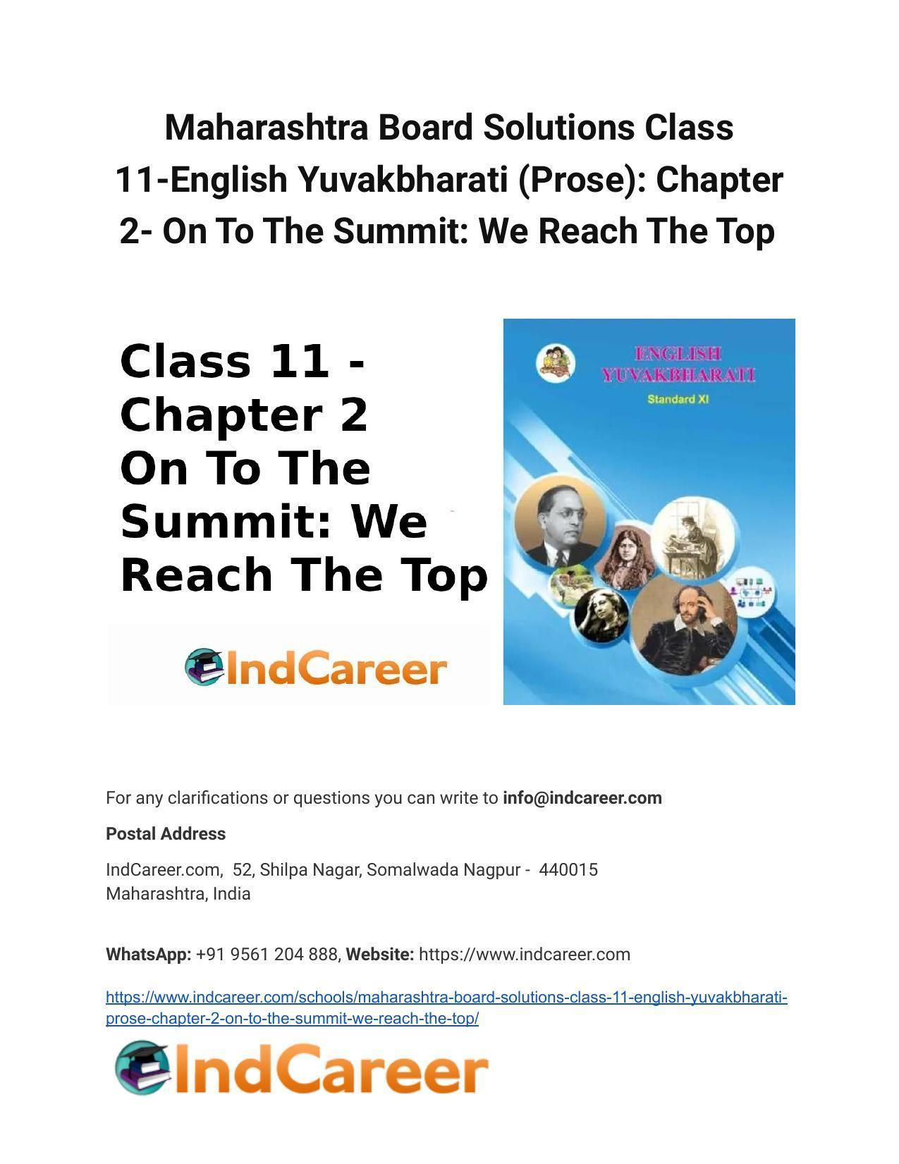 Maharashtra Board Solutions Class 11-English Yuvakbharati (Prose): Chapter 2- On To The Summit: We Reach The Top - Page 1