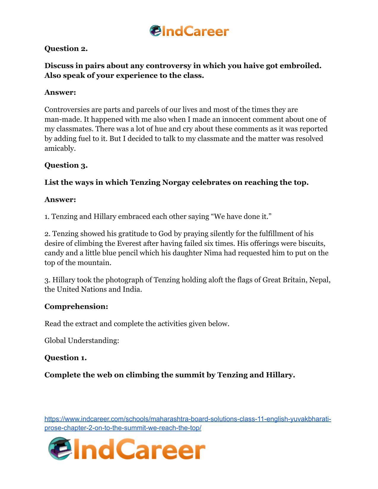 Maharashtra Board Solutions Class 11-English Yuvakbharati (Prose): Chapter 2- On To The Summit: We Reach The Top - Page 20