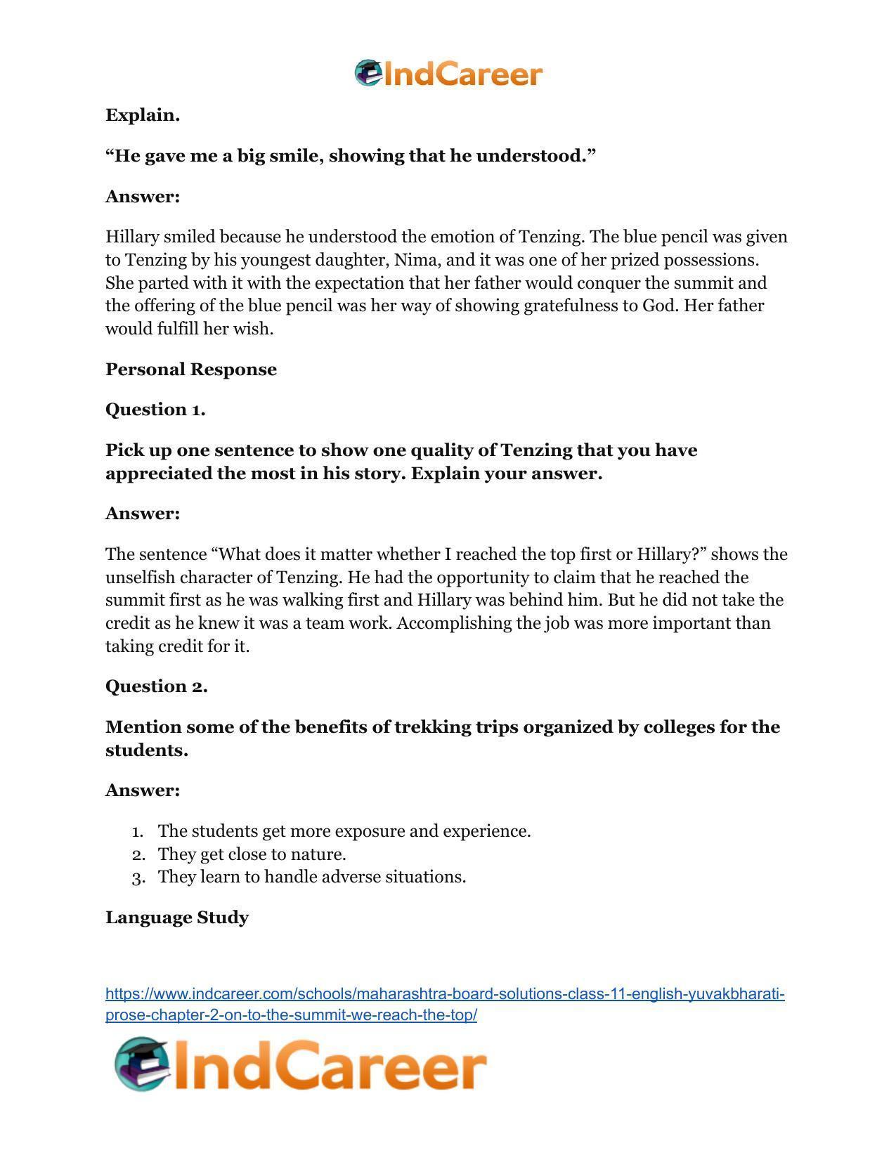 Maharashtra Board Solutions Class 11-English Yuvakbharati (Prose): Chapter 2- On To The Summit: We Reach The Top - Page 23