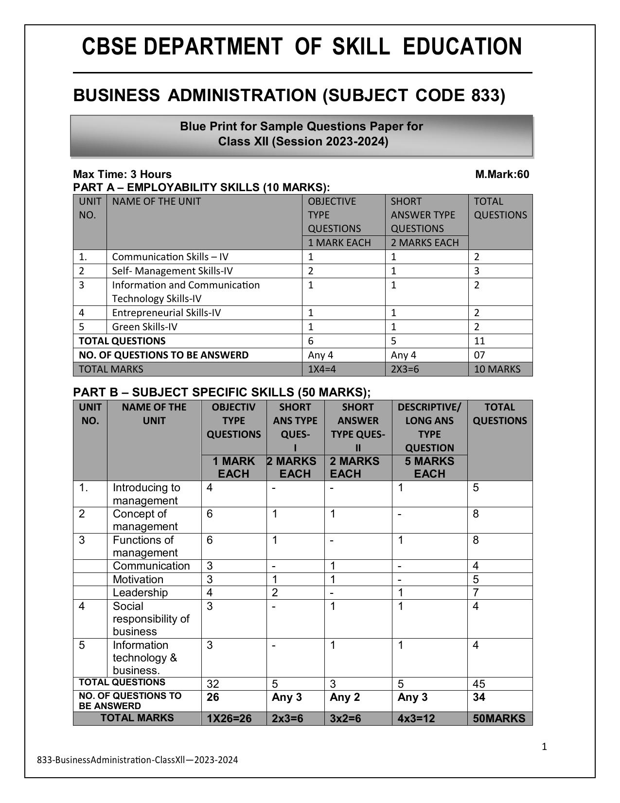 CBSE Class 12 (Skill Education) Business Administration 2024 Sample Paper - Page 1