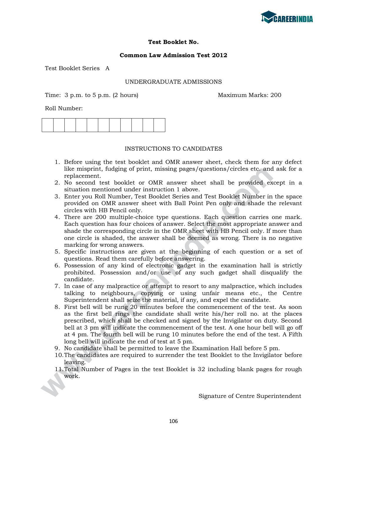 CLAT 2012 UG Sample Question Paper - Page 1