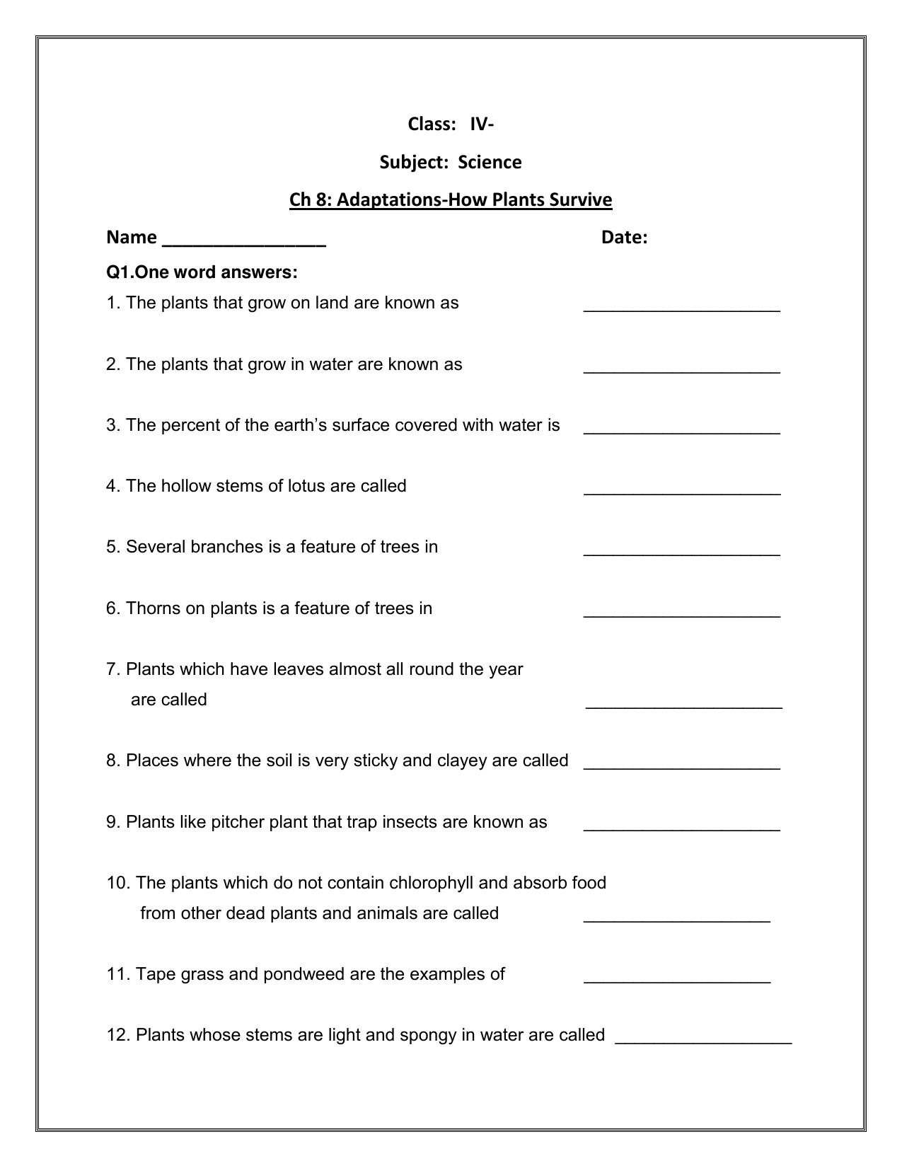 Worksheet for Class 4 Science Adaptations-How Plants Survive Assignment - Page 1