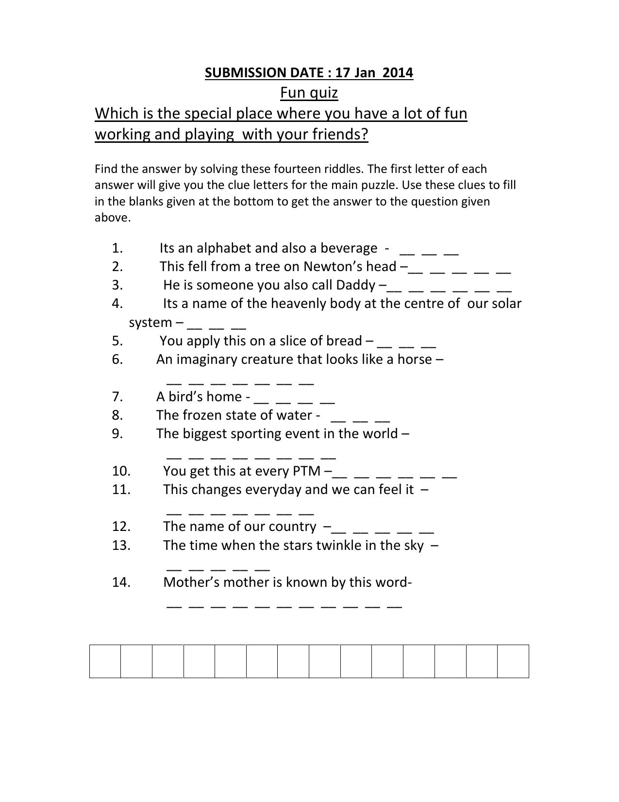 Worksheet for Class 5 English Fun Quiz Assignment - Page 1