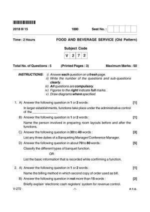 Goa Board Class 12 Food & Beverage Service Voc 272 Old Pattern (March 2018) Question Paper
