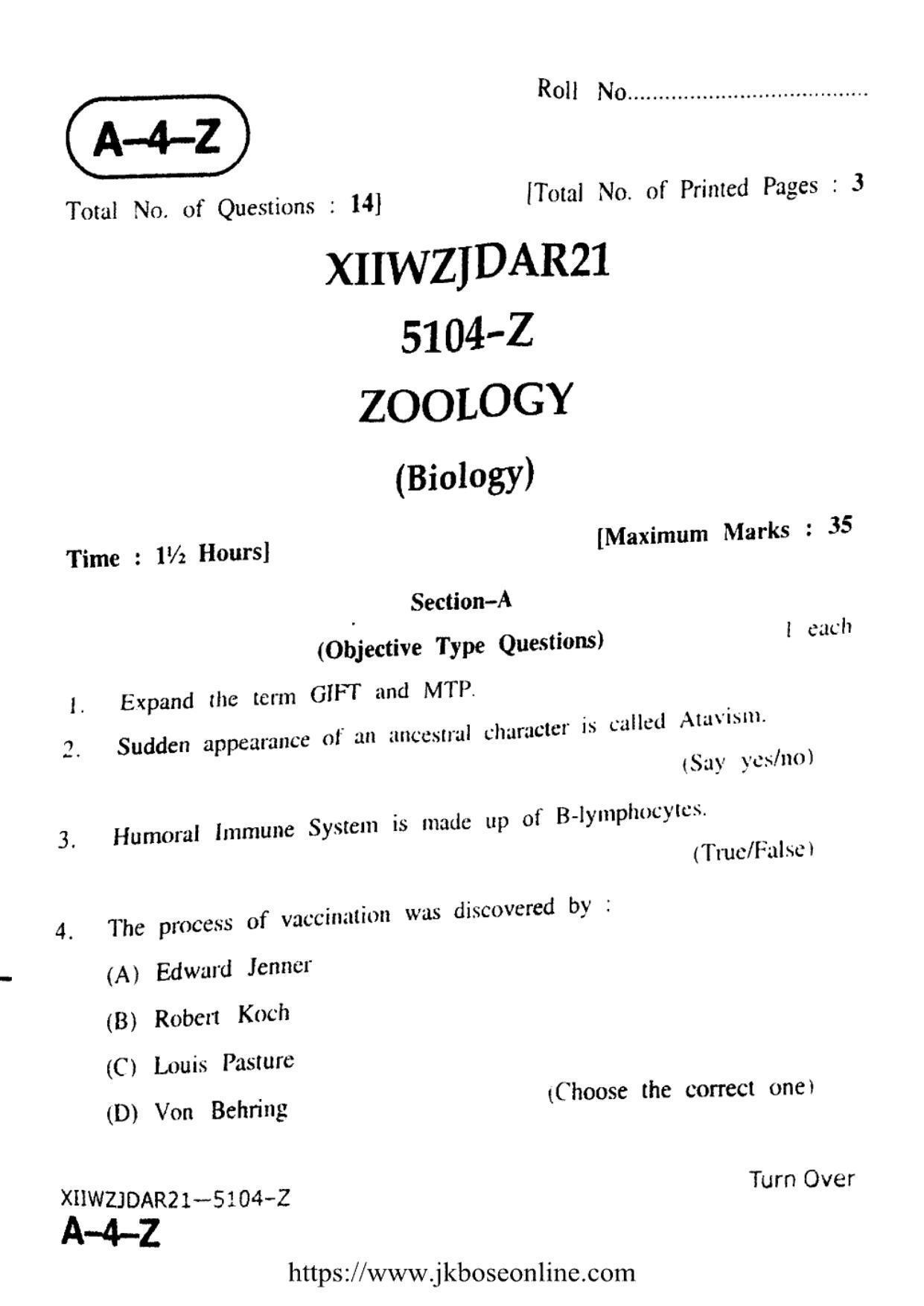 JKBOSE Class 12 Biology-Zoology 5104-Z Question Papers 2021 - Page 1