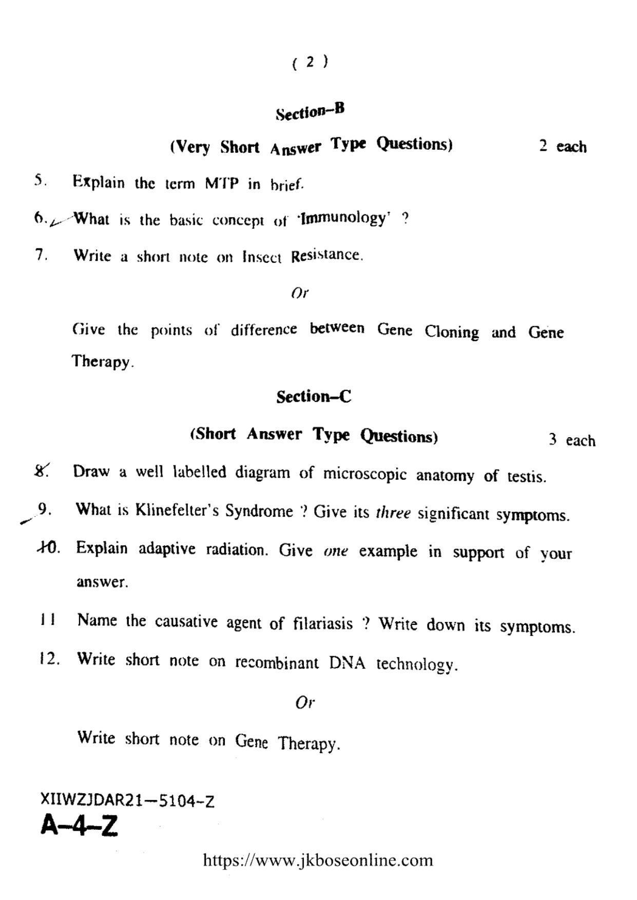 JKBOSE Class 12 Biology-Zoology 5104-Z Question Papers 2021 - Page 2