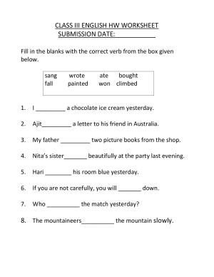 Worksheet for Class 3 English Verbs Assignment