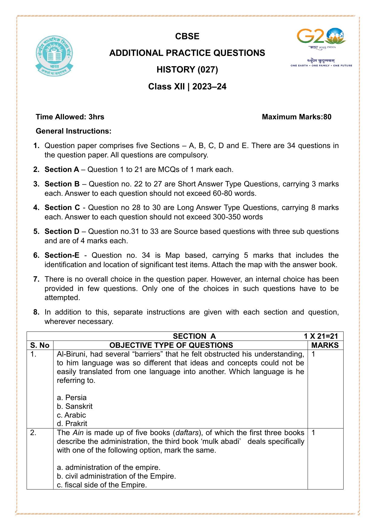 CBSE Class 12 History SET 2 Practice Questions 2023-24 - Page 1