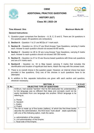 CBSE Class 12 History SET 2 Practice Questions 2023-24