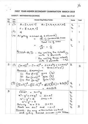 Kerala Plus One 2019 MATHS (SCIENCE) Answer Key