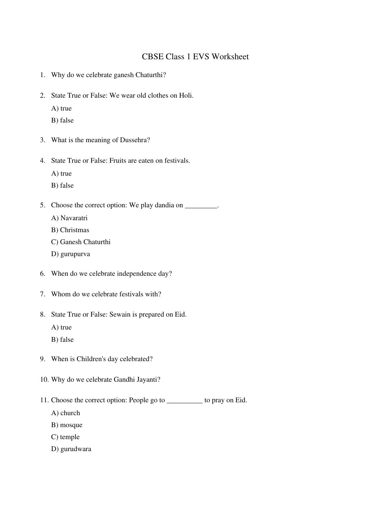 CBSE Class 1 EVS Going to school Worksheets - Page 1