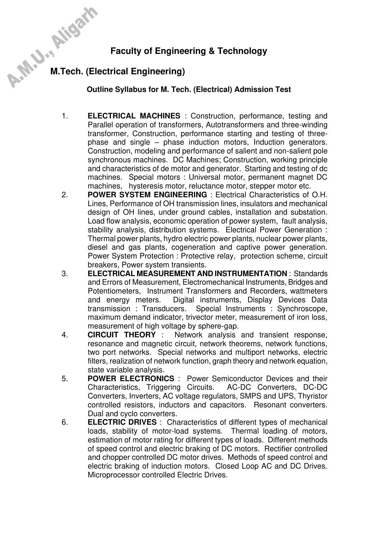 AMU Entrance Exam: M. Tech. Electrical Engg.. Syllabus - Page 1