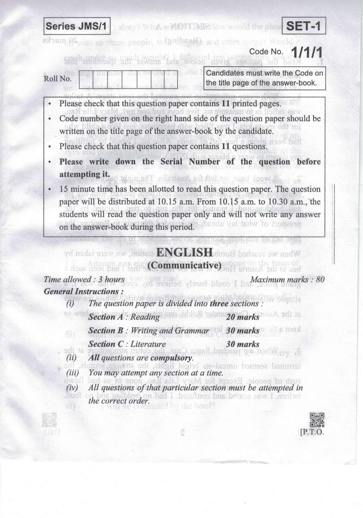 CBSE Class 10 1-1-1 Eng. Comm. 2019 Question Paper - Page 1