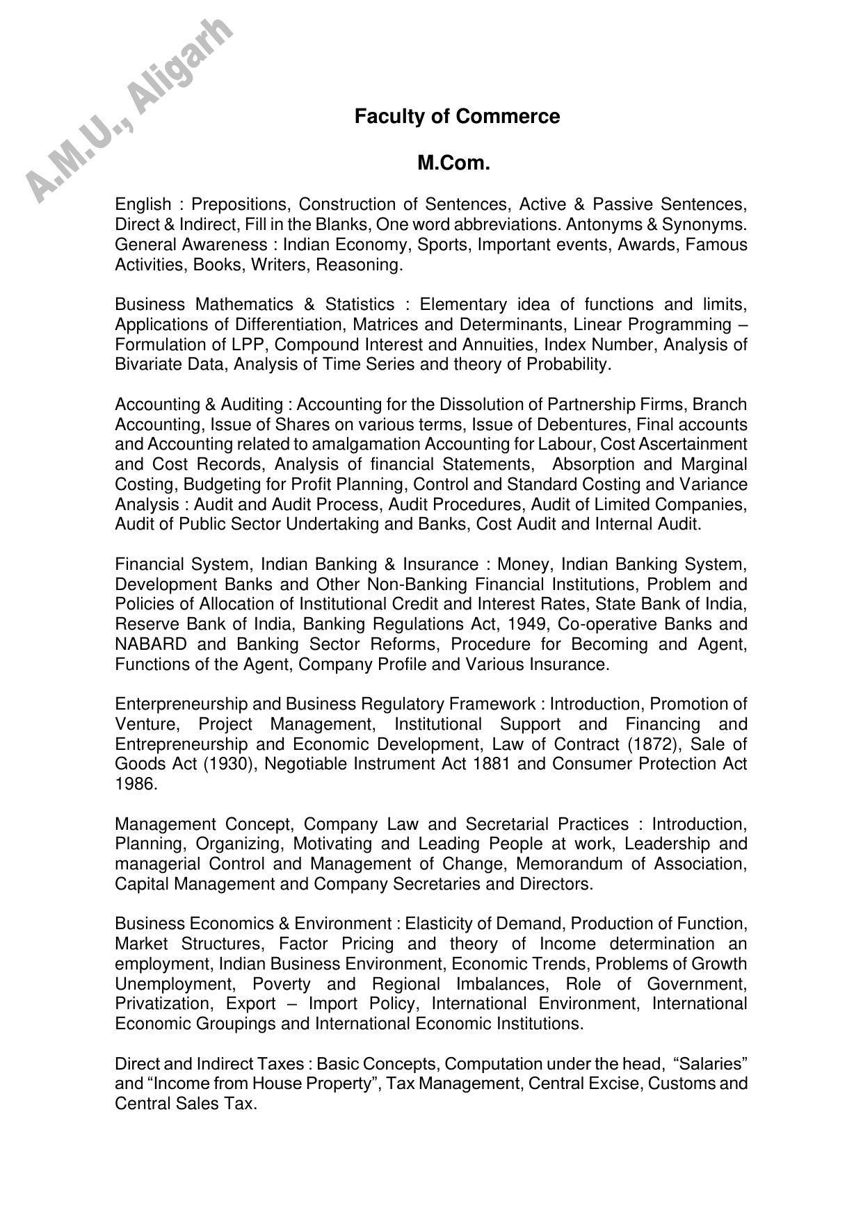 AMU Entrance Exam: AMU Entrance Exam: M. Com. Syllabus - Page 1