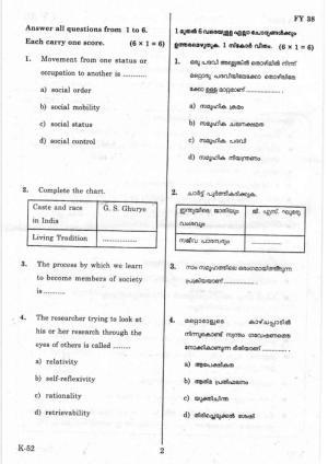 Kerala Plus One 2019 SOCIOLOGY Question Papers