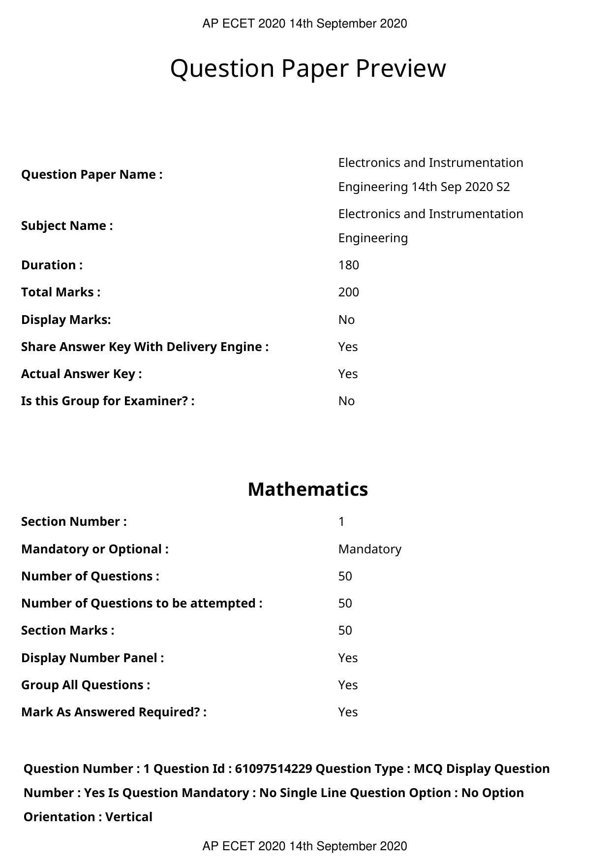 AP ECET 2020 - Electronics and Instrumentation Engineering (Preview) Question Paper With Preliminary Keys - Page 1