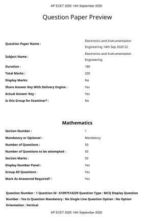 AP ECET 2020 - Electronics and Instrumentation Engineering (Preview) Question Paper With Preliminary Keys