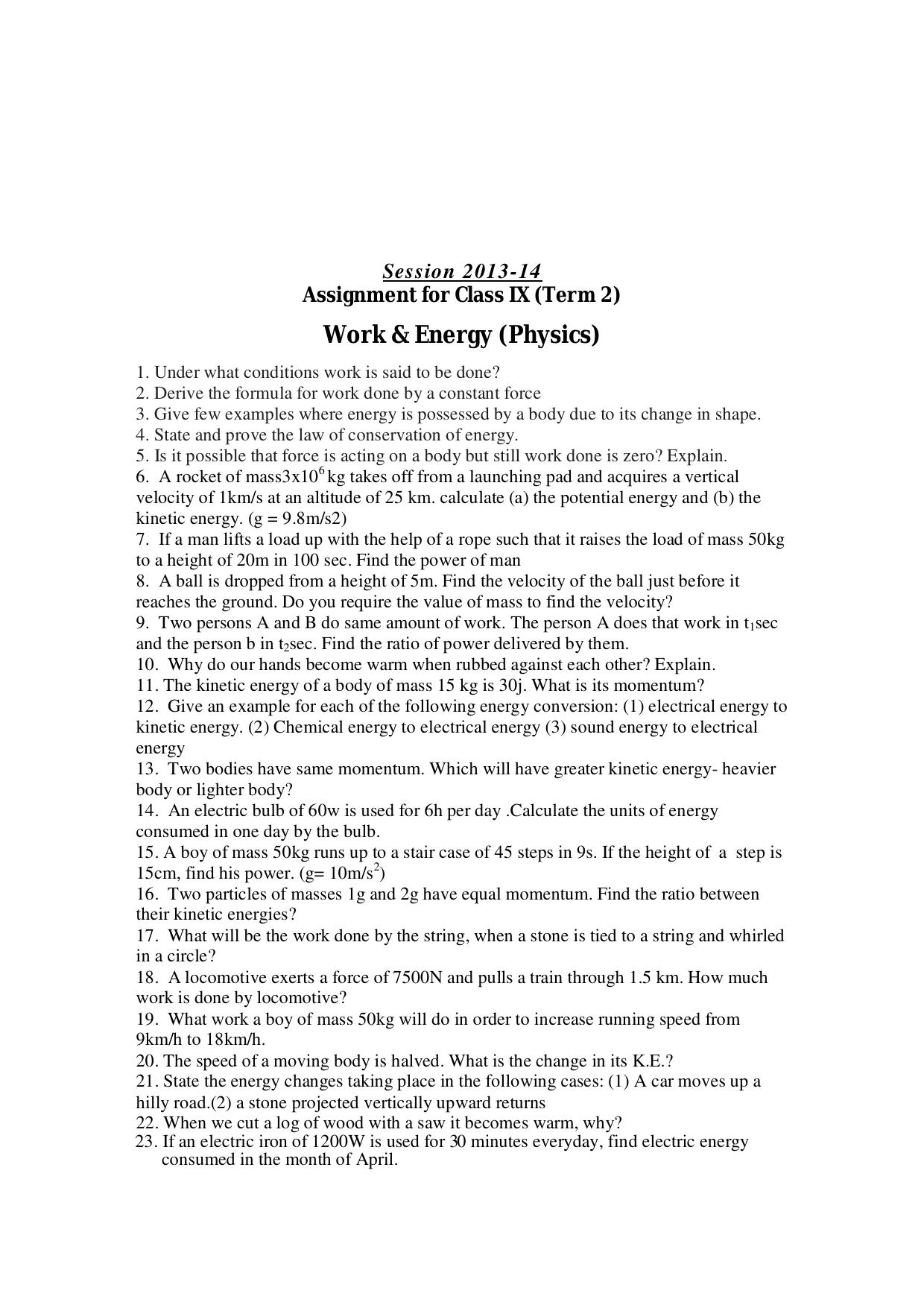 CBSE Worksheets for Class 9 Physics Work & Energy Assignment 1 - Page 1
