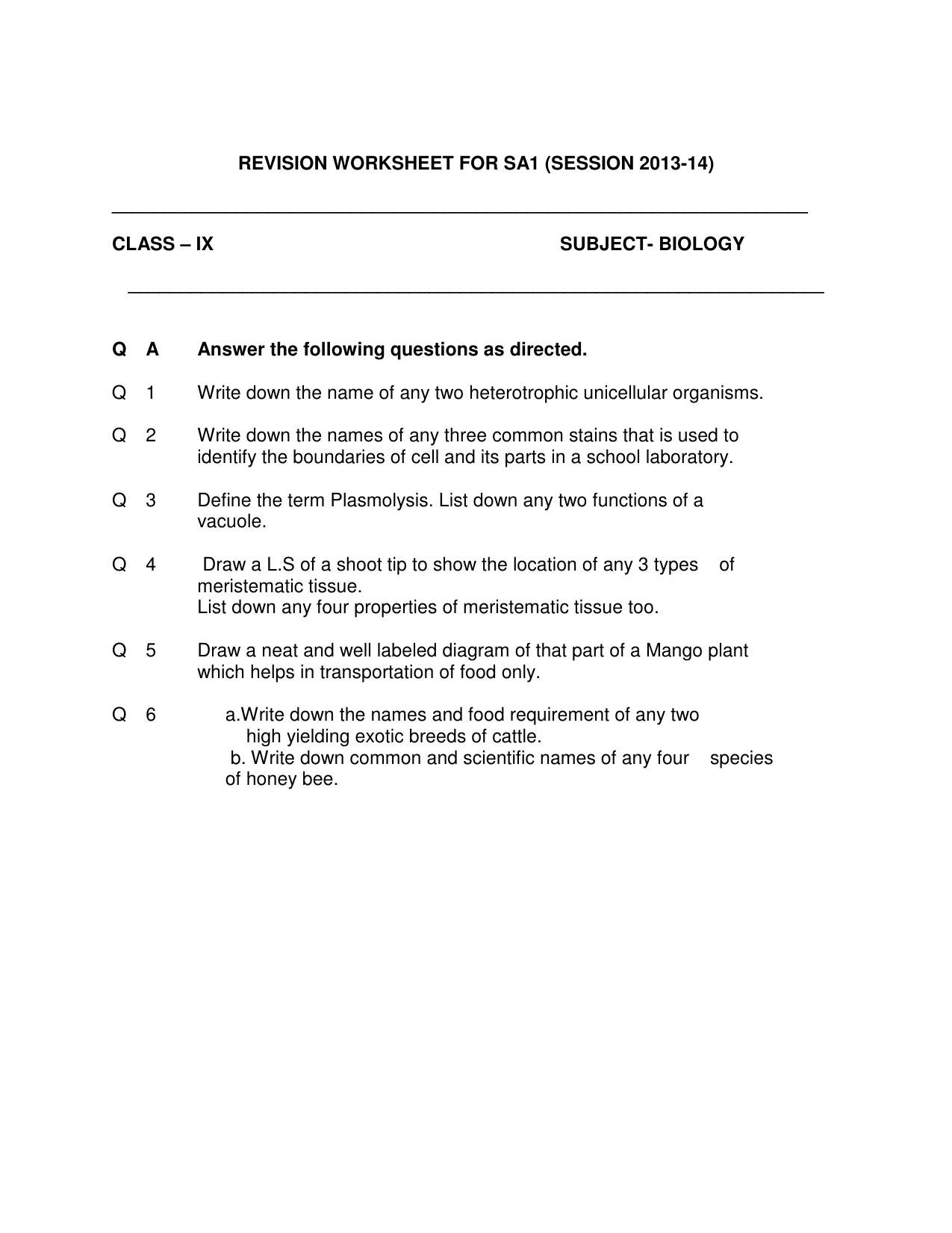 CBSE Worksheets for Class 9 Biology SA1 Worksheet Assignment  - Page 1