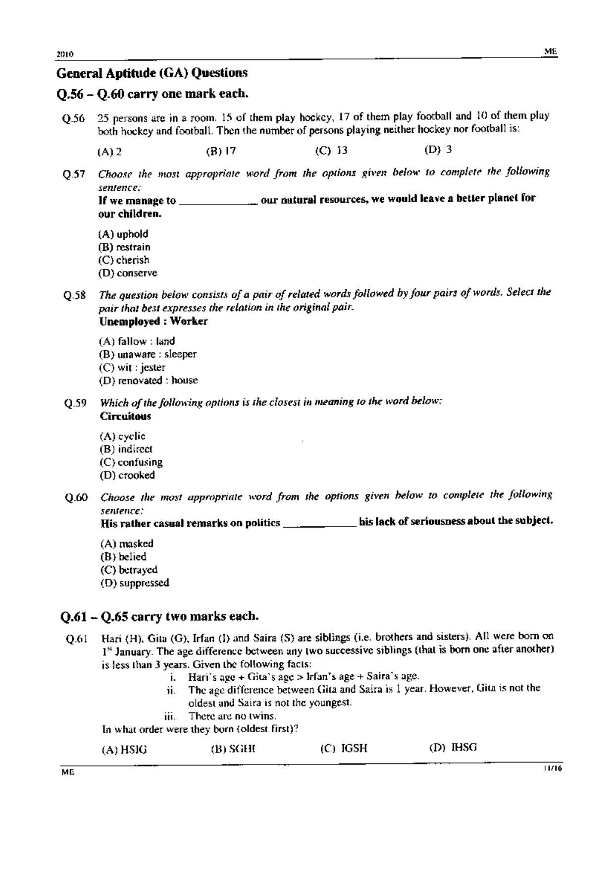 GATE 2010 Mechanical Engineering (ME) Question Paper with Answer Key - Page 11