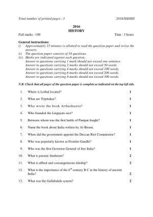 Nagaland Board Class 12 HISTORY 2016 Question Papers