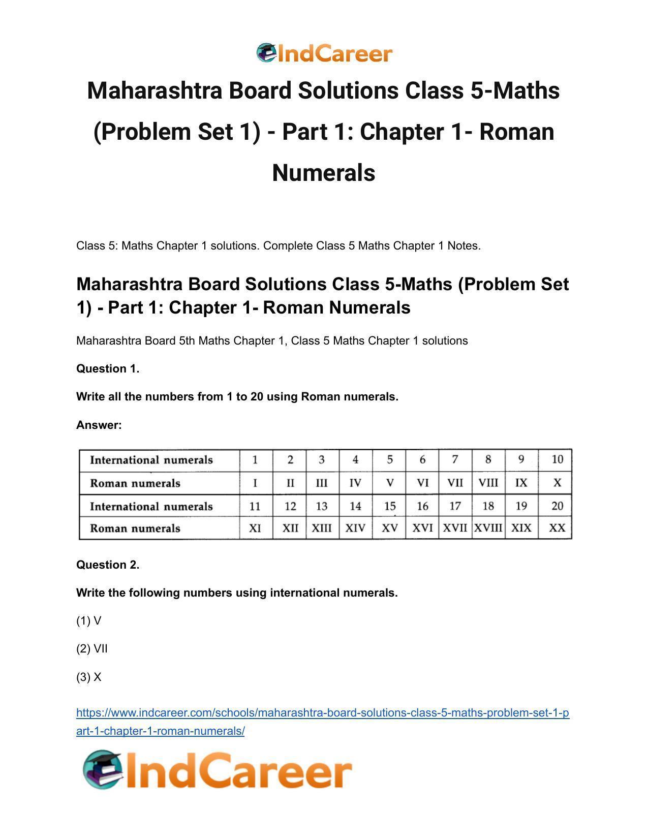 Maharashtra Board Solutions Class 5-Maths (Problem Set 1) - Part 1: Chapter 1- Roman Numerals - Page 2