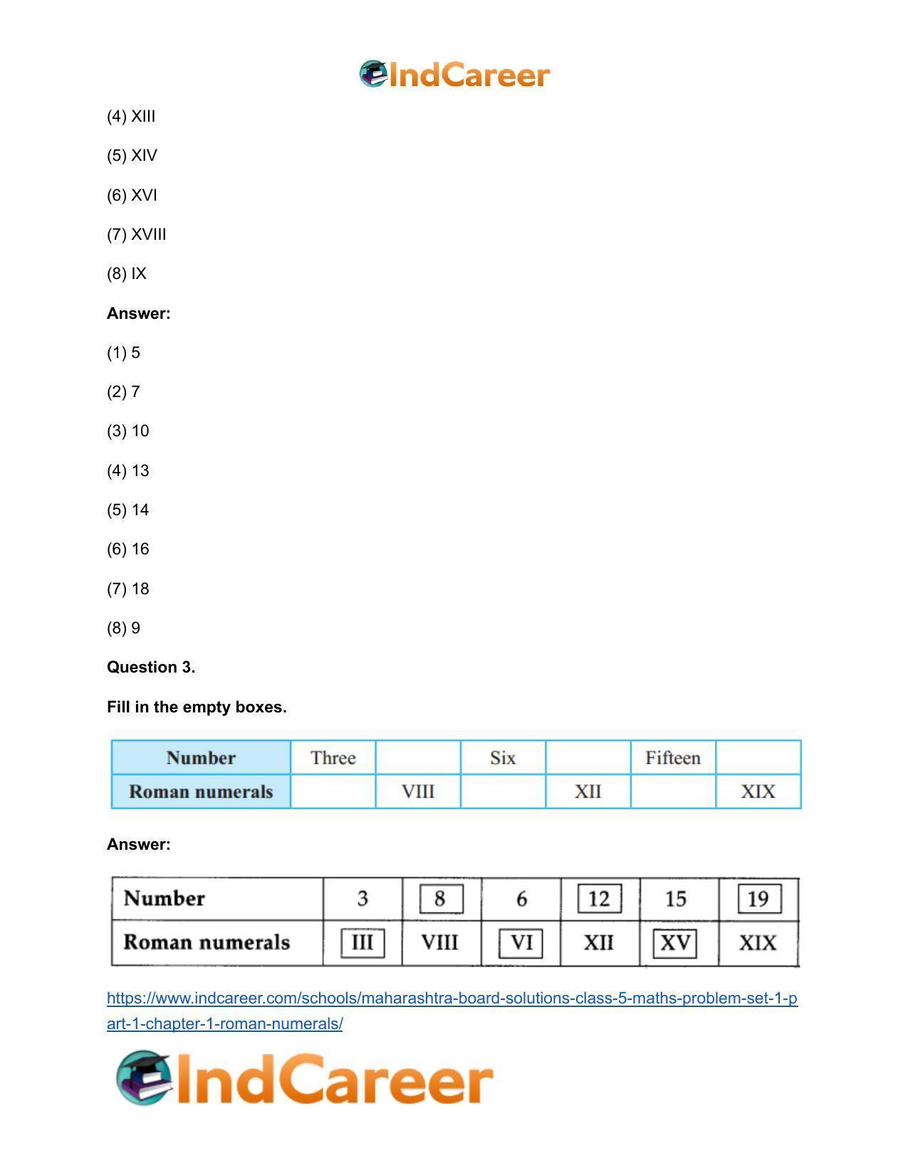 Maharashtra Board Solutions Class 5-Maths (Problem Set 1) - Part 1: Chapter 1- Roman Numerals - Page 3