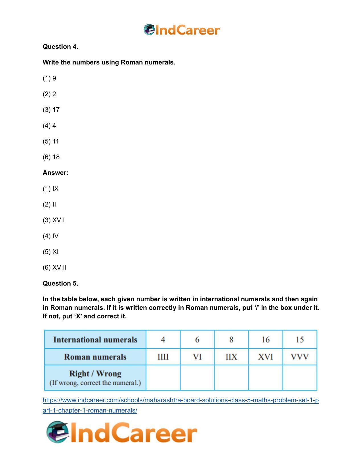 Maharashtra Board Solutions Class 5-Maths (Problem Set 1) - Part 1: Chapter 1- Roman Numerals - Page 4