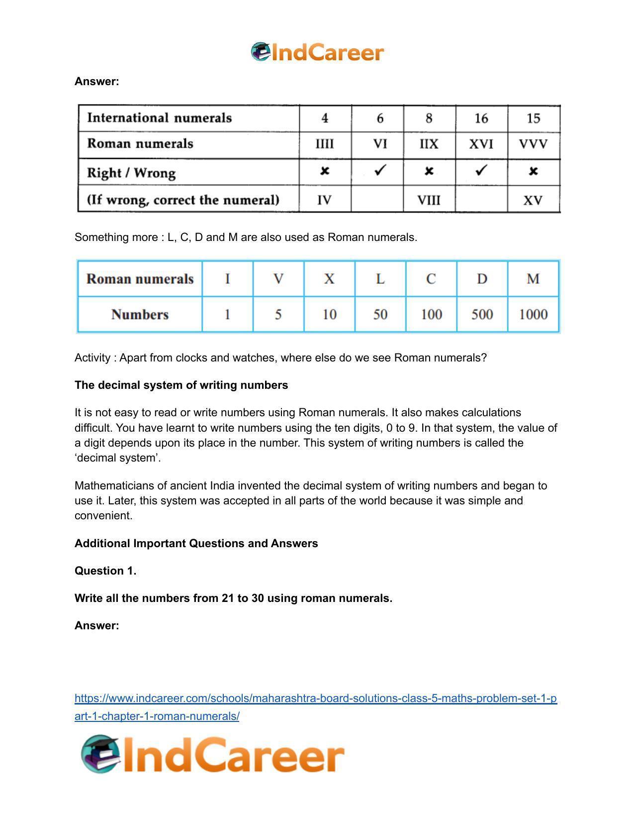 Maharashtra Board Solutions Class 5-Maths (Problem Set 1) - Part 1: Chapter 1- Roman Numerals - Page 5