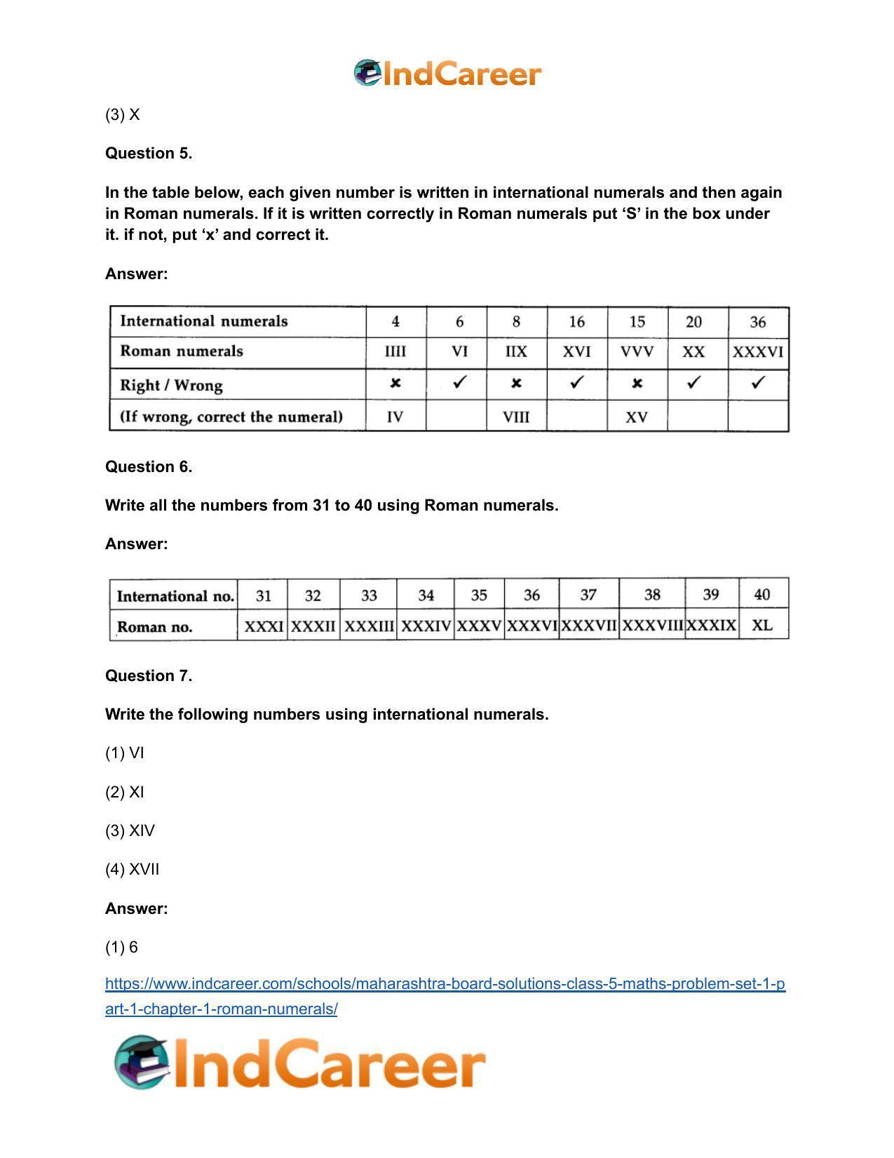Maharashtra Board Solutions Class 5-Maths (Problem Set 1) - Part 1: Chapter 1- Roman Numerals - Page 7