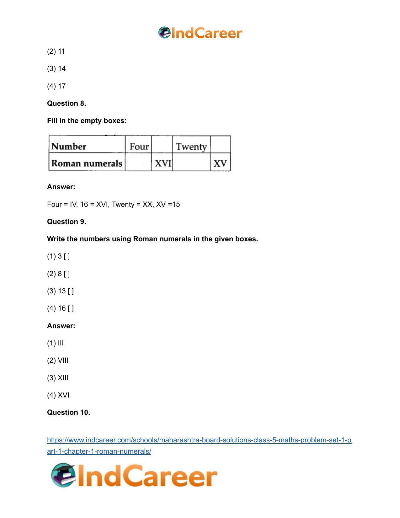 Maharashtra Board Solutions Class 5-Maths (Problem Set 1) - Part 1: Chapter 1- Roman Numerals - Page 8