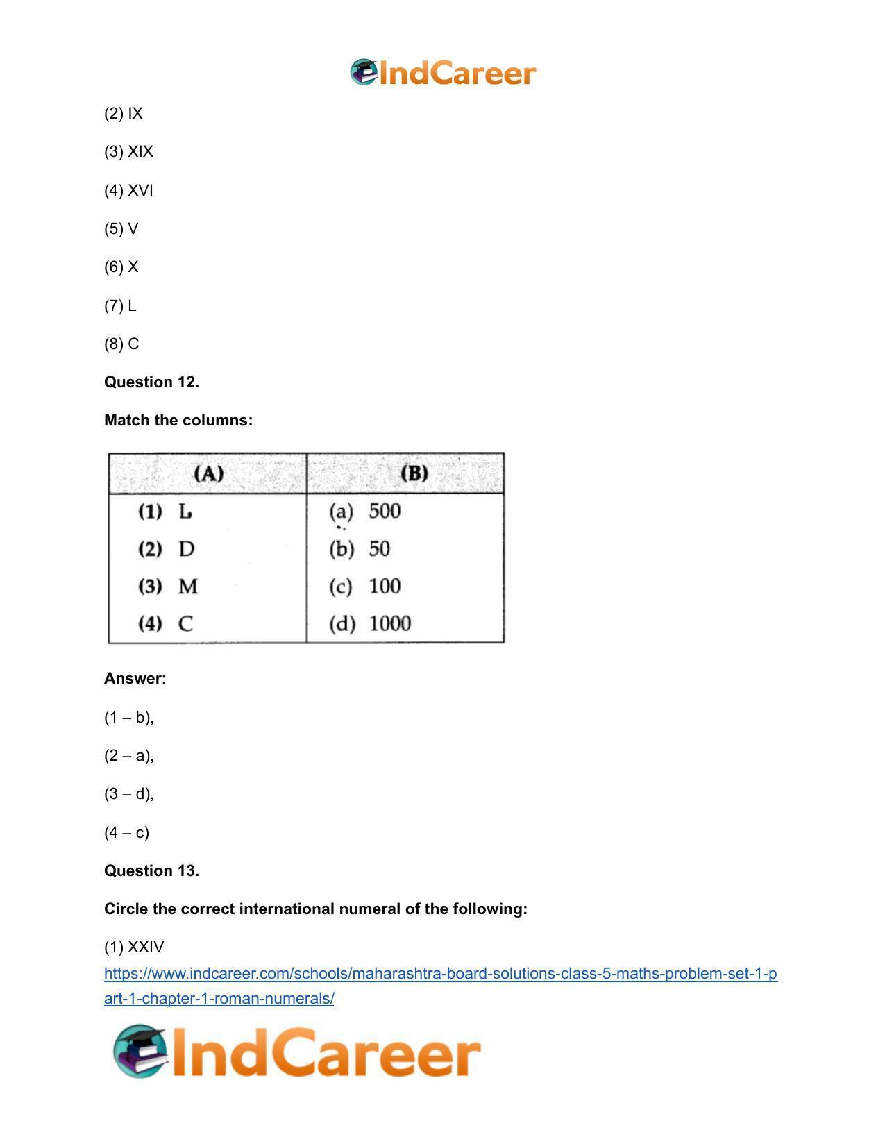Maharashtra Board Solutions Class 5-Maths (Problem Set 1) - Part 1: Chapter 1- Roman Numerals - Page 10