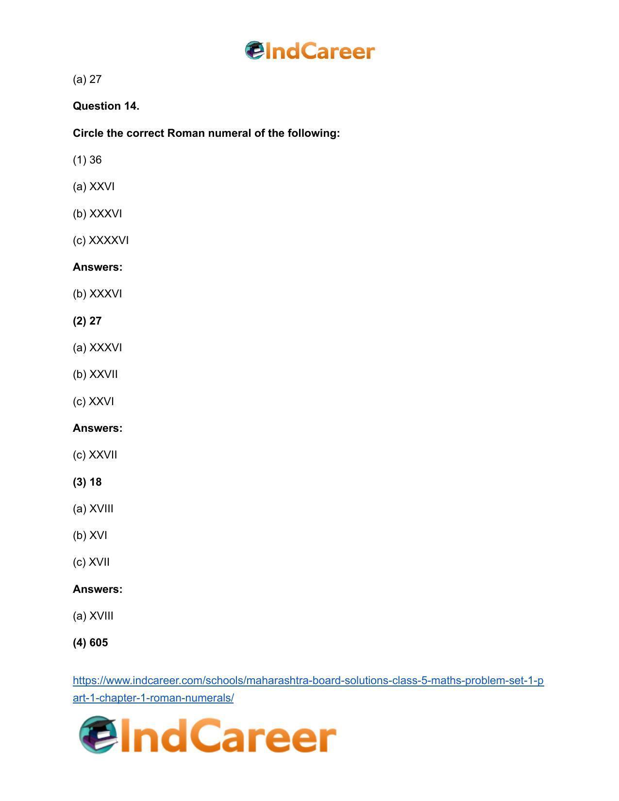 Maharashtra Board Solutions Class 5-Maths (Problem Set 1) - Part 1: Chapter 1- Roman Numerals - Page 12