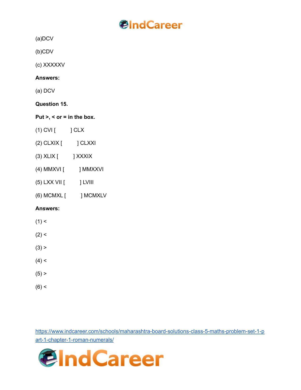 Maharashtra Board Solutions Class 5-Maths (Problem Set 1) - Part 1: Chapter 1- Roman Numerals - Page 13