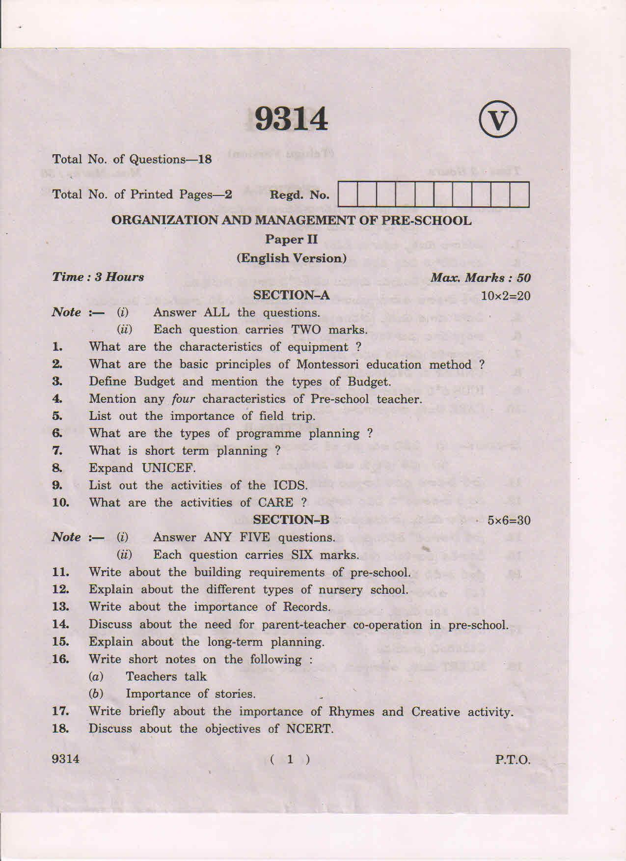AP Inter 2nd Yea Organization adn Management of Pre-School-II March-2019-Vocational Question Paper - Page 1