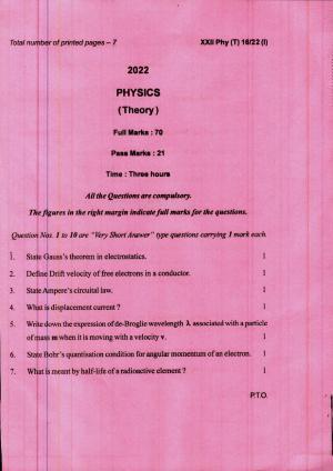 COHSEM 12th Question Papers Improvement 2022 Physics