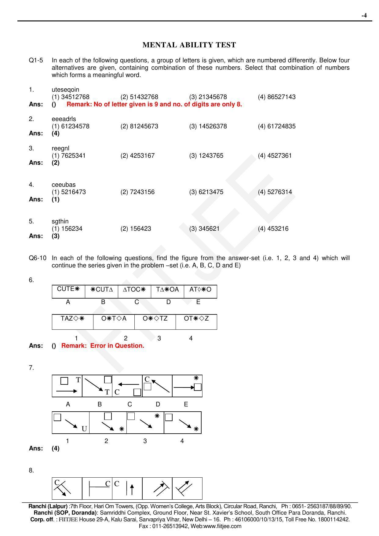 Jharkhand (JAC) NTSE 2015-15 (MAT & SAT) Answer Key - Page 4