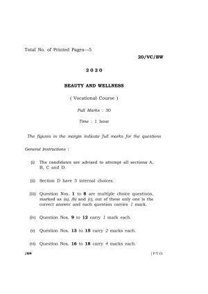 Meghalaya Board (MBOSE) Class 10 BEAUTY AND WELLNESS ( Vocational Course ) 2020 Question Paper