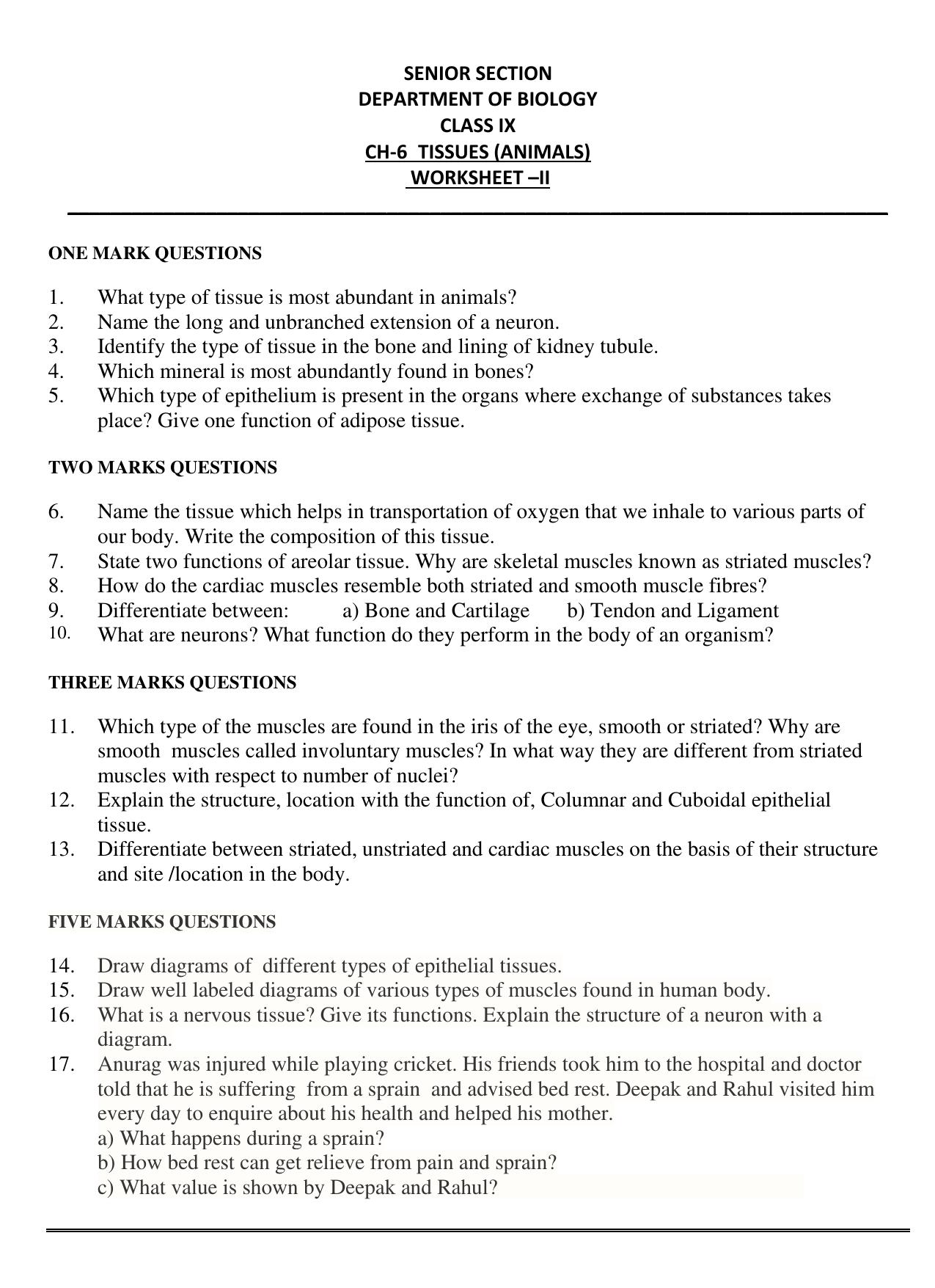 CBSE Worksheets for Class 9 Science Tissues Animals Assignment - Page 1