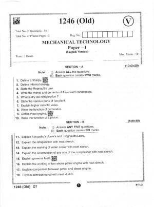 AP Intermediate 2nd Year Vocational Question Paper September-2021- Mechanical_Technology(OLD)-I
