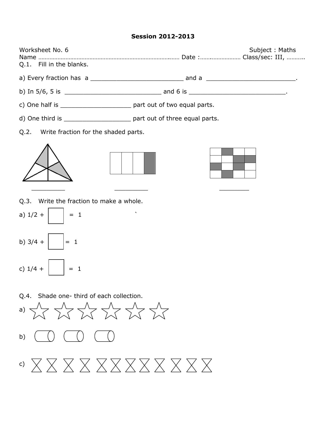 Worksheet for Class 3 Mathematics Assignment 4 - Page 1