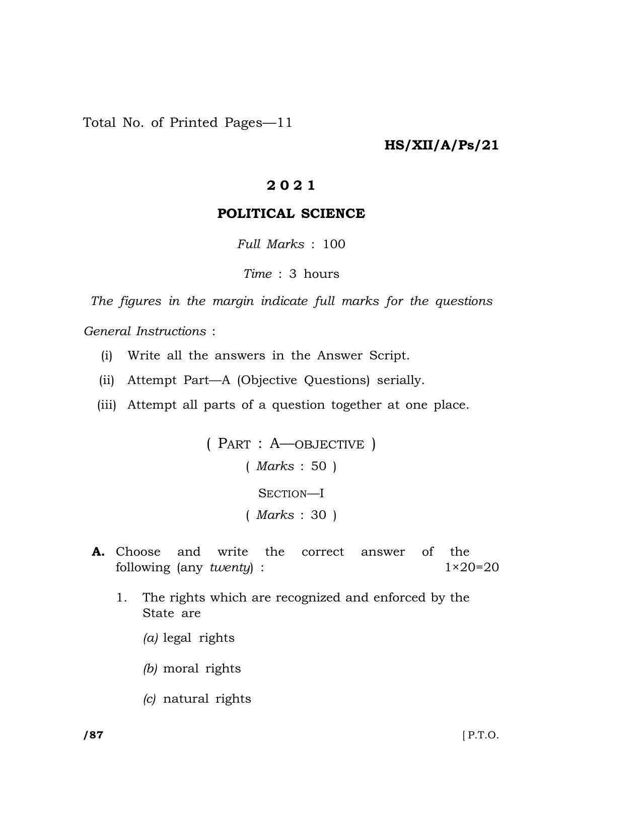Meghalaya Board (MBOSE) Class 12 POLITICAL SCIENCE  (HS-XII-A-Ps-21) 2021 Question Paper - Page 1